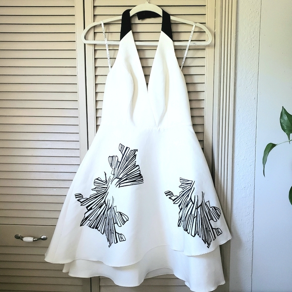🌱 NWT Halston Heritage A-Line Printed Halter Mini Dress White Size XS/2 - Picture 2 of 12